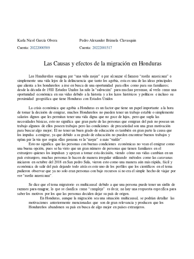 Causas y efectos de la migración en Honduras | PDF | Migración humana ...