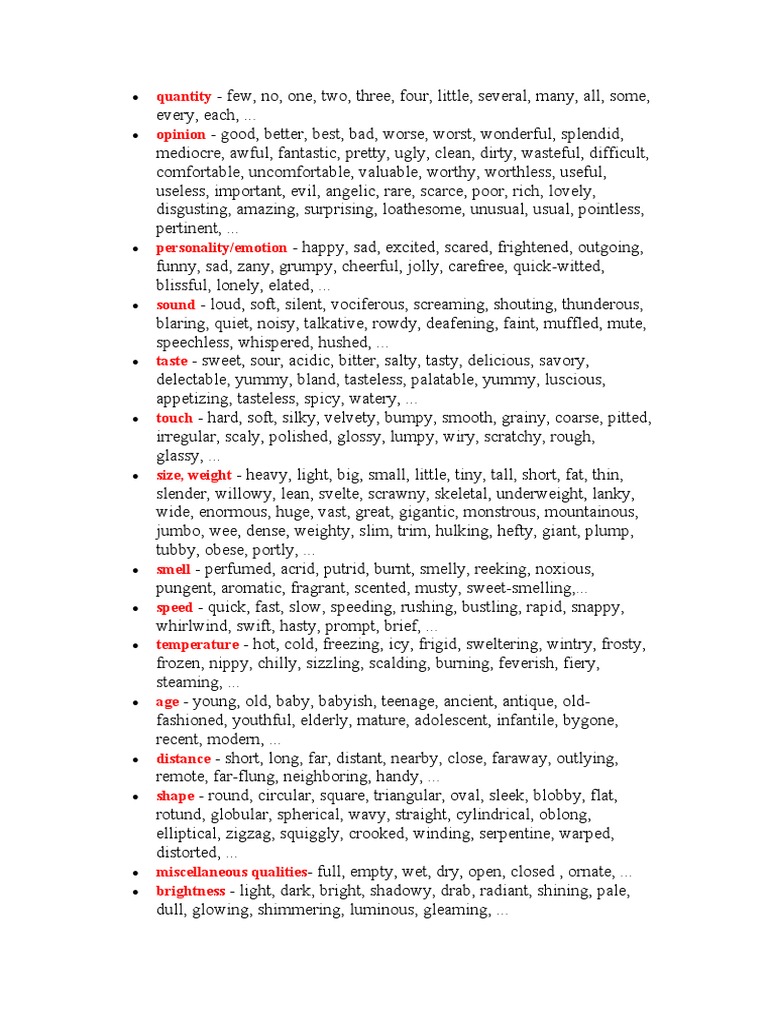 Comprehensive List of English Adjectives | PDF | Food And Drink | Materials