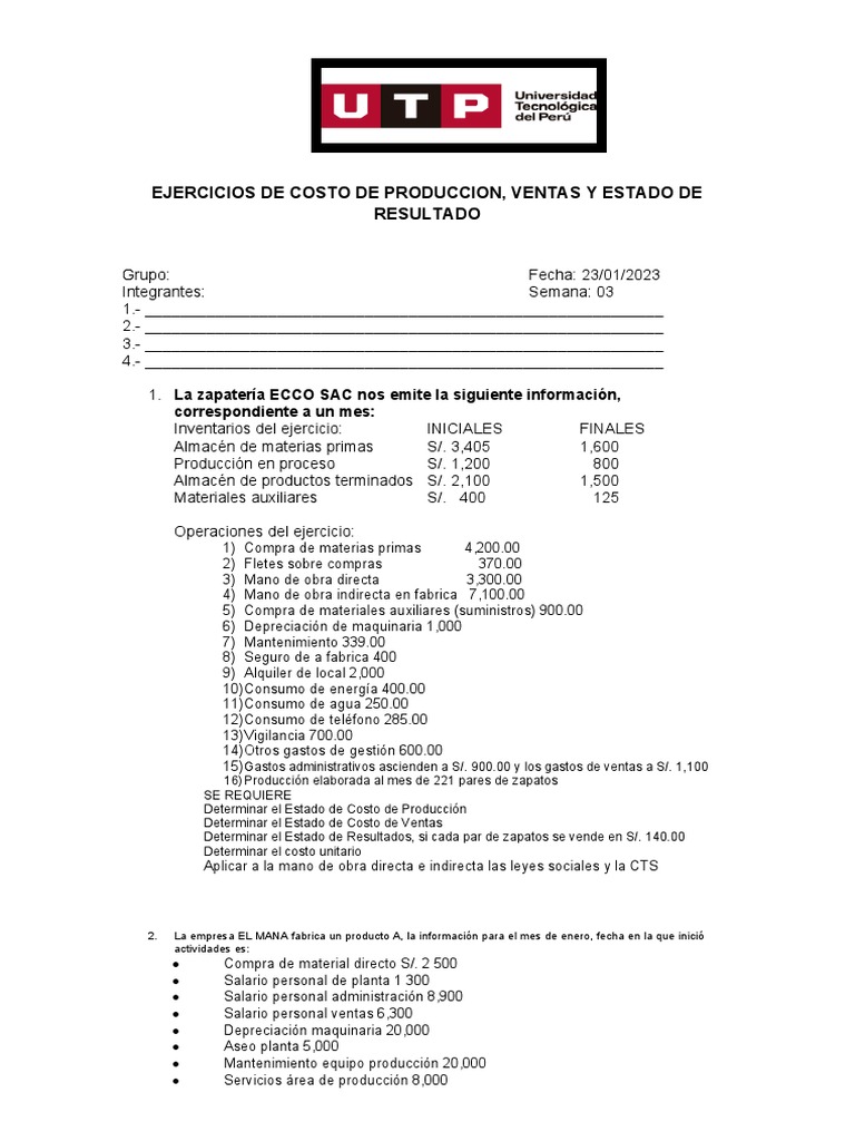 Ejercicios de Costo y Estado de Resultados | PDF | Inventario | Estado ...