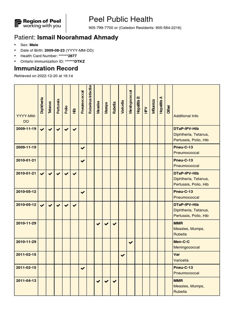 Peel Immunization Record for Ismail Ahmady | PDF | Vaccination ...