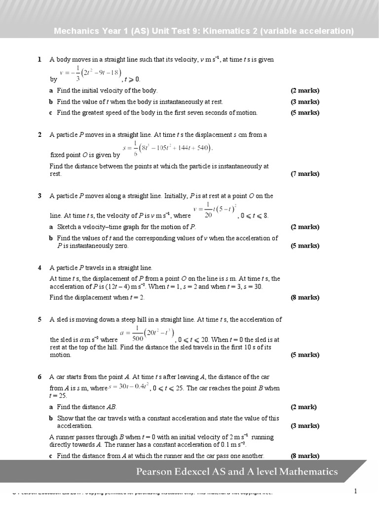 AS Maths Mechanics Unit 9 Test PDF Velocity Acceleration