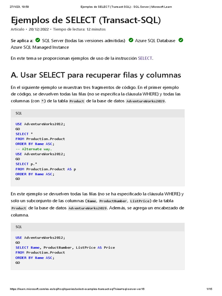 Ejemplos de select transact sql sql server microsoft learn pdf
