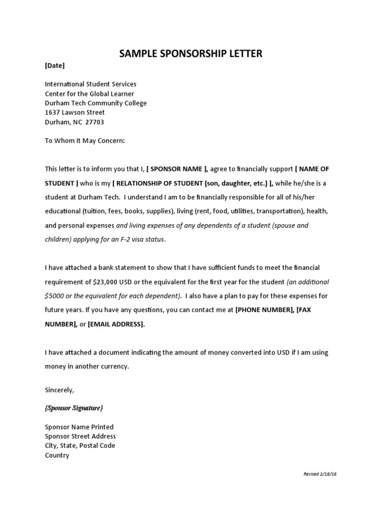 Sample Sponsor Letter PDF