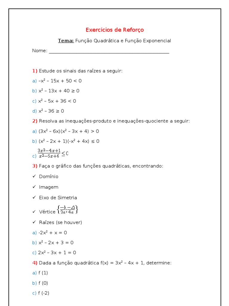 Exercícios de Função Quadrática | PDF