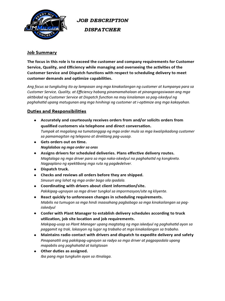 Job Description For Dispatcher PDF