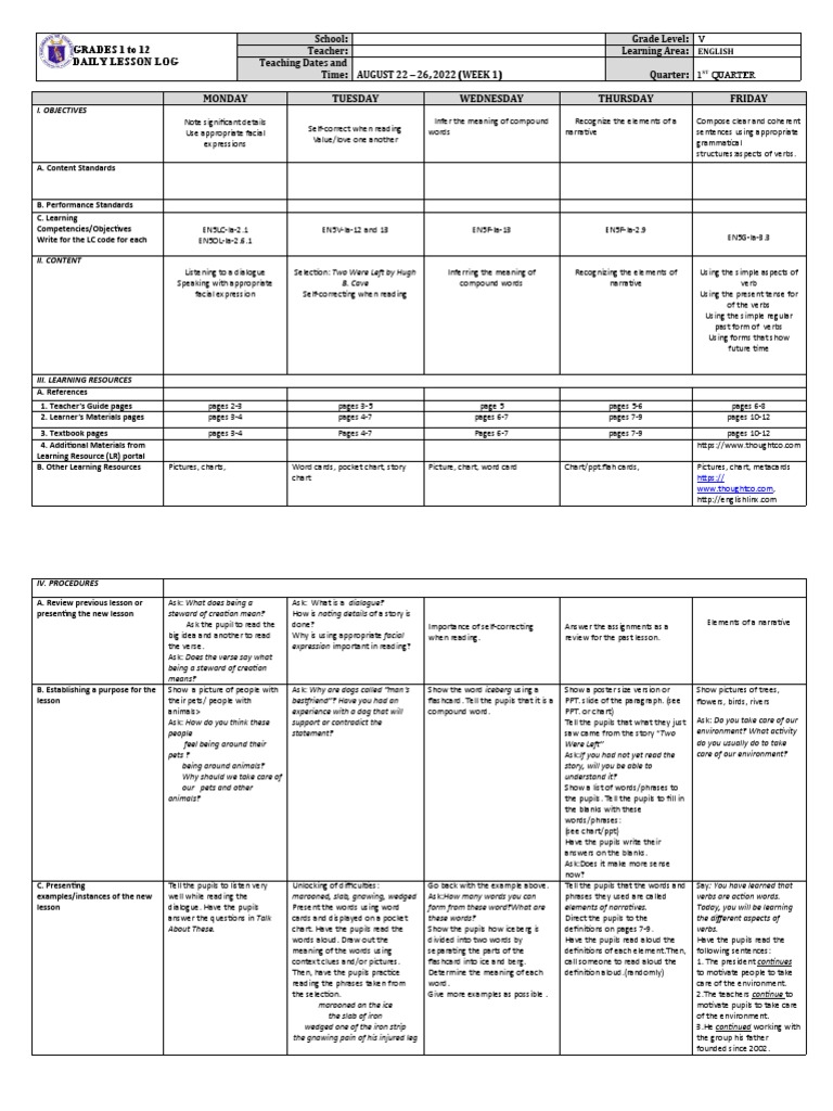 Grade 5 DLL English 5 Q1 Week 1 | PDF | Word | Verb