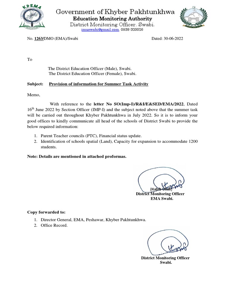 1263 Special Summer Task To DEO Offices PDF