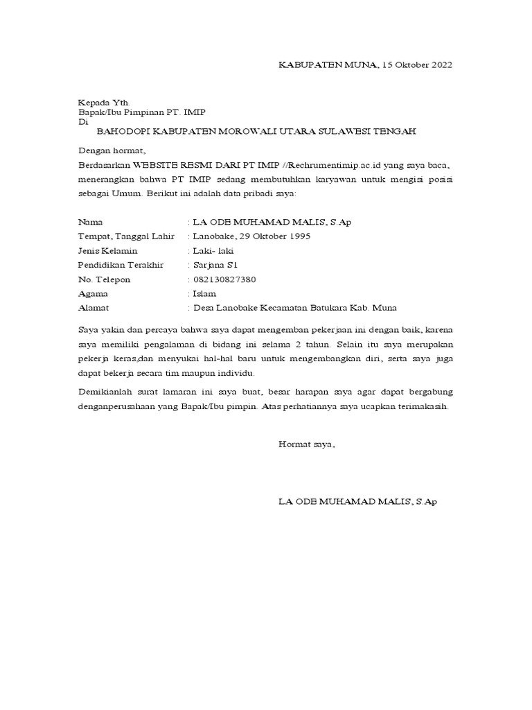 Surat Lamaran Kerja Imip | PDF