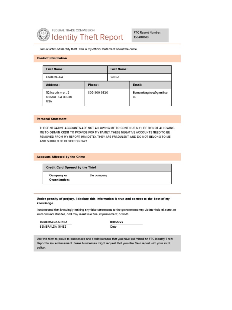 FTC Identity Theft Affidavit Statement | PDF