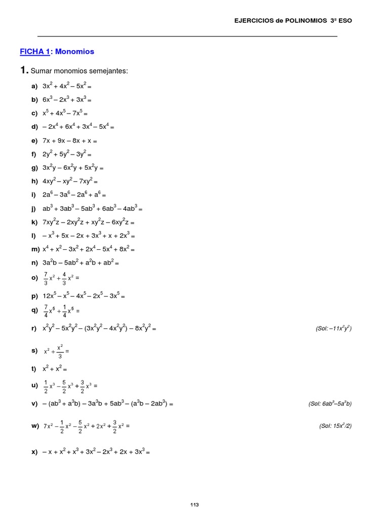 Ejercicios de Monomios y Polinomios 3º ESO | PDF | Álgebra abstracta ...