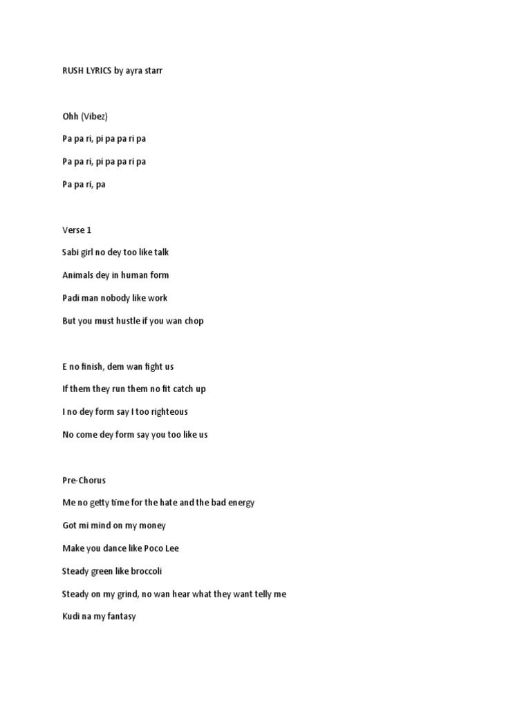 Ayra Starr - RUSH Lyrics Analysis | PDF | Language Arts & Discipline ...