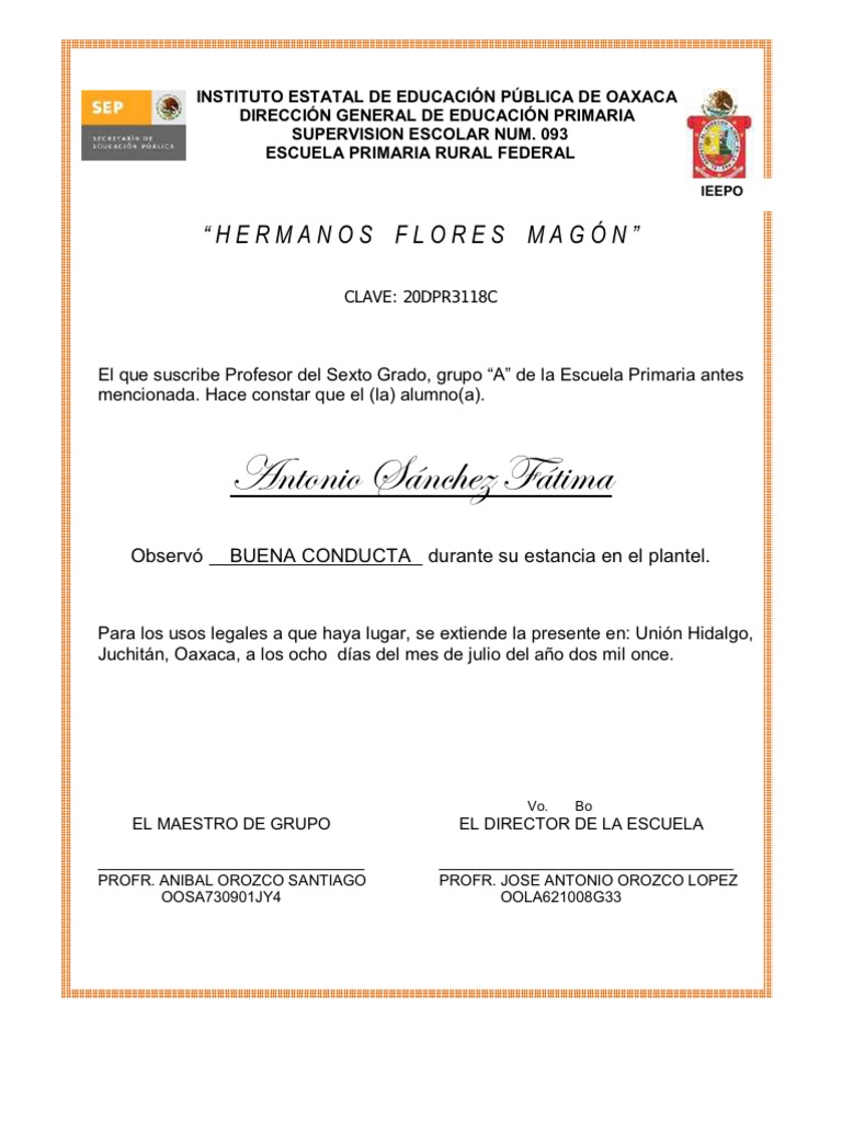 Carta de Buena Conducta 2011  Etapas educativas  Educación primaria