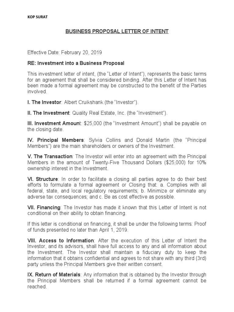 Business Proposal Letter of Intent | PDF | Investing | Confidentiality