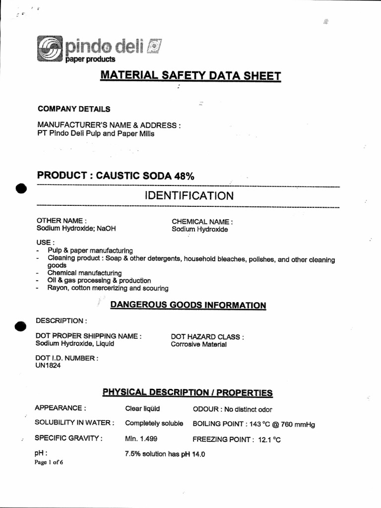 MSDS Caustic Soda 48 - , CAS 1310-73-2 | PDF