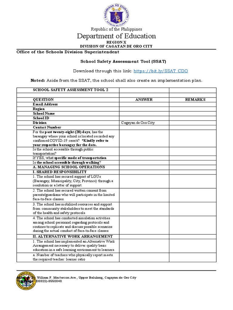 School Safety Assessment Tool Philippines | PDF | Distance Education ...