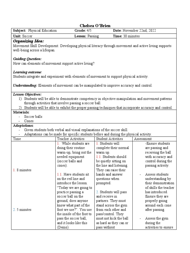 Phys Ed Lesson Plan Nov 21 ST PDF Physical Education Lesson Plan