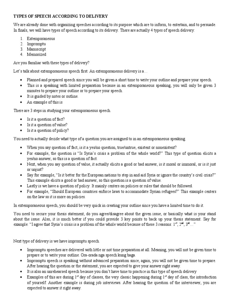 TYPES OF SPEECH ACCORDING TO DELIVERY Notes | PDF | Public Speaking ...