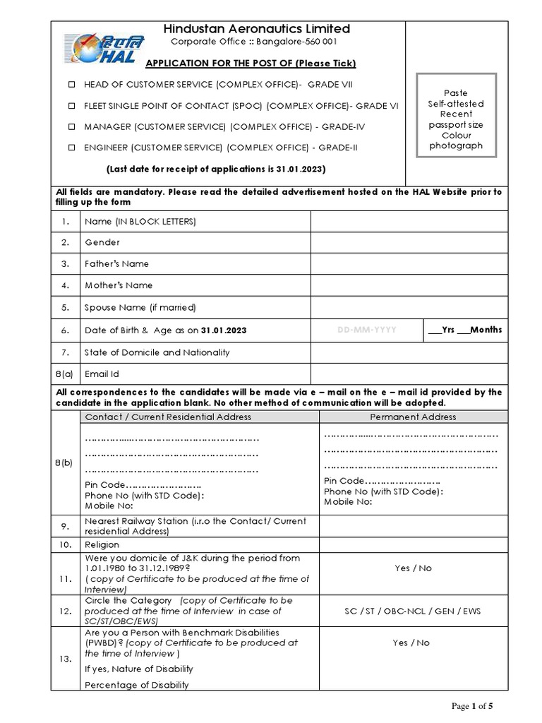 30 Manager Engineer Posts Application Form HAL PDF Banks Government