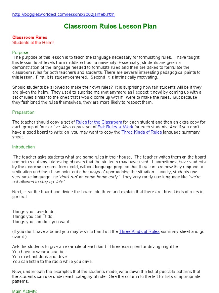 Classroom Rules Lesson Plan Purpose PDF Teachers Classroom