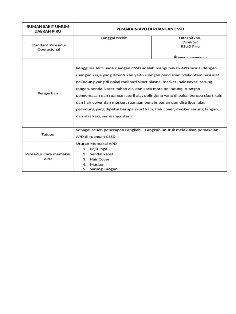 Prosedur Pemakaian APD di CSSD | PDF