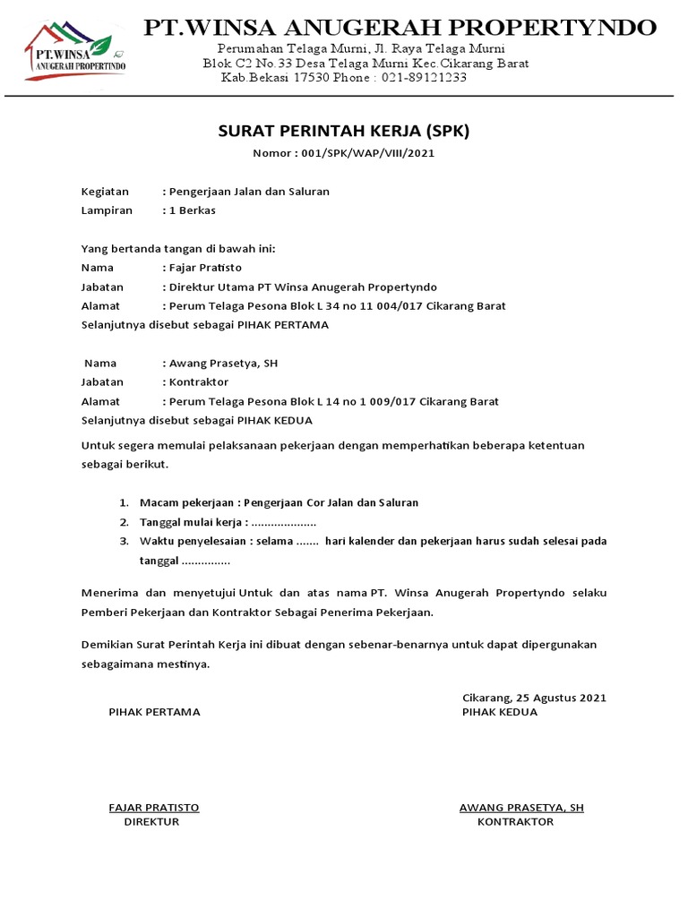 Contoh Surat Perintah Kerja Proyek | PDF