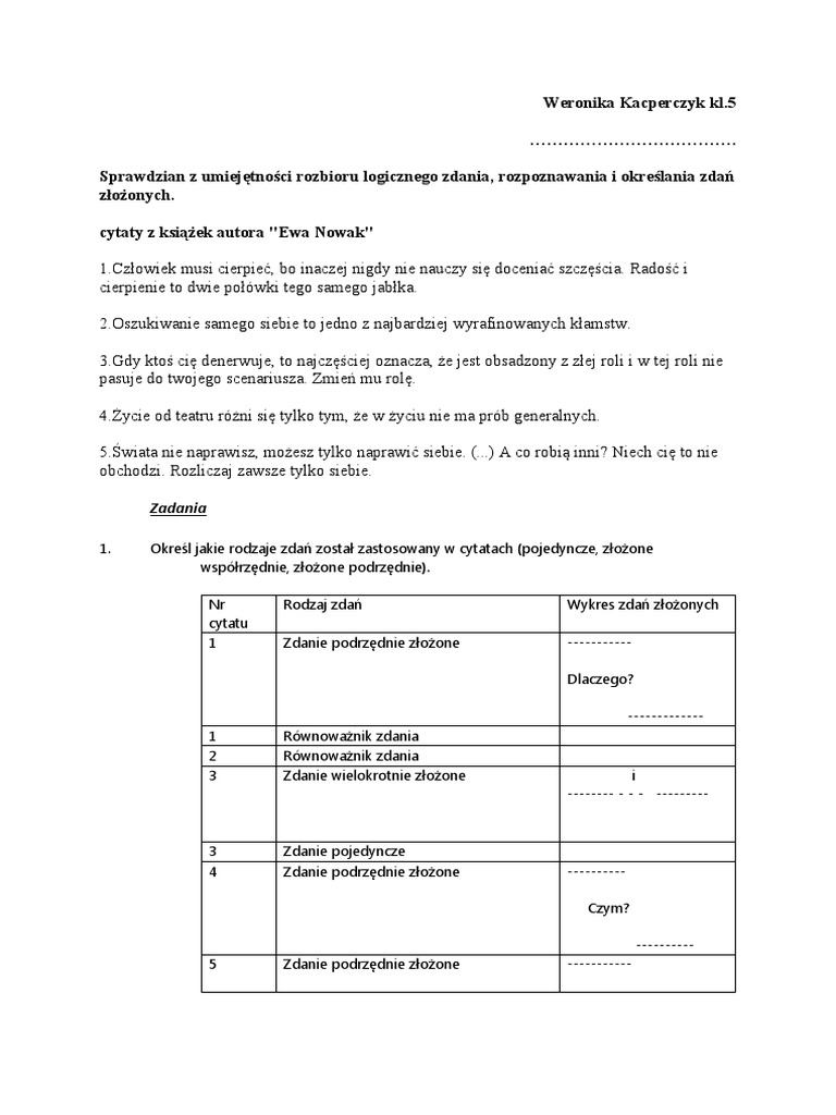 Sprawdzian Z Rozbioru Logicznego Zdania Sprawdzian z umiejętności rozbioru logicznego zdania | PDF