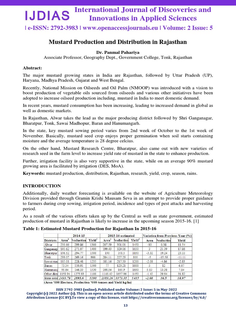 Mustard Production and Distribution in Rajasthan PDF Sowing International Standard Serial