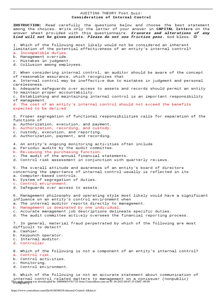 Internal Control Assessment Quiz | PDF | Internal Control | Audit