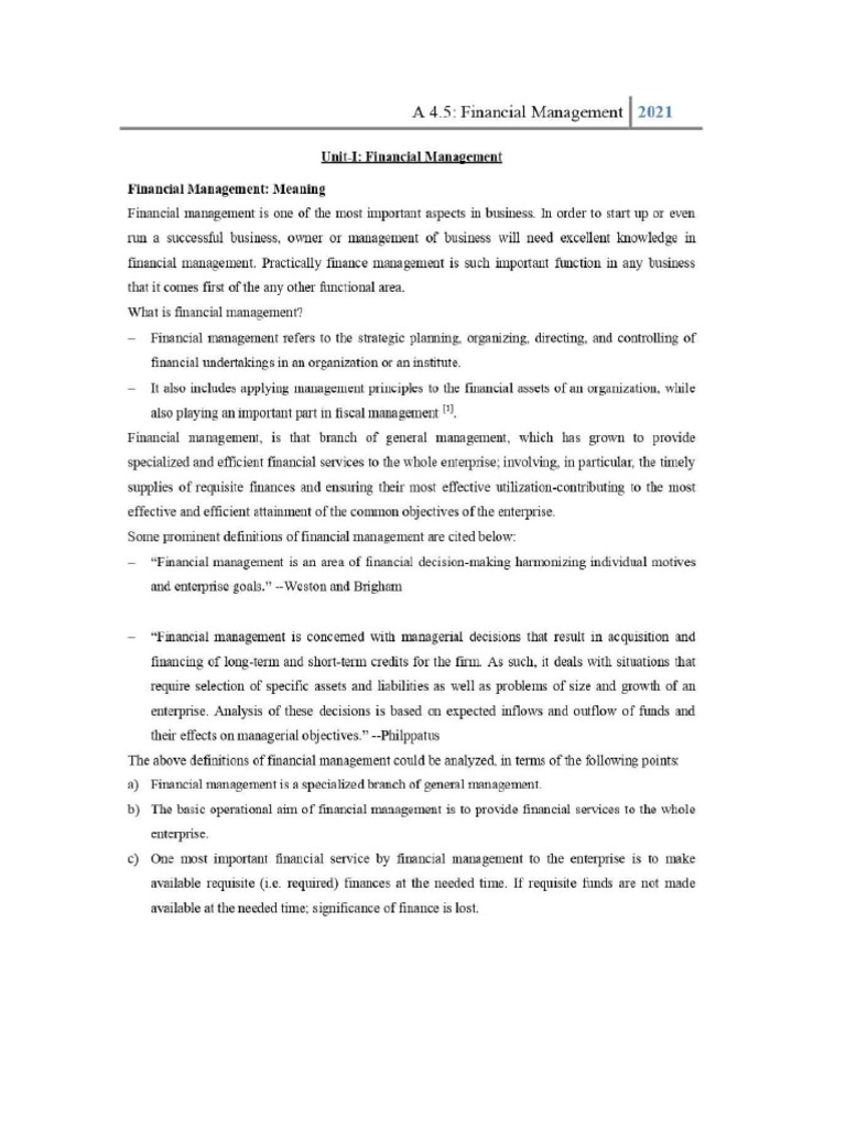 A 4.5 FM Notes UNIT 1-2-3 | PDF | Working Capital | Financial Statement