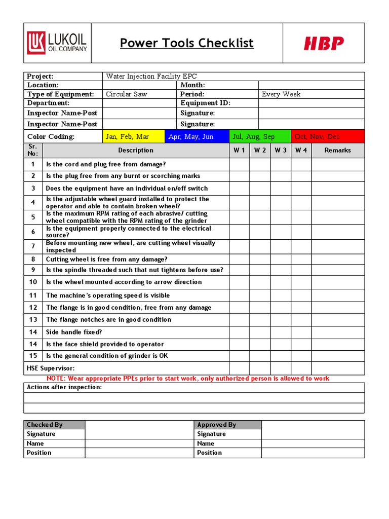 Circular Saw Inspection Checklist PDF