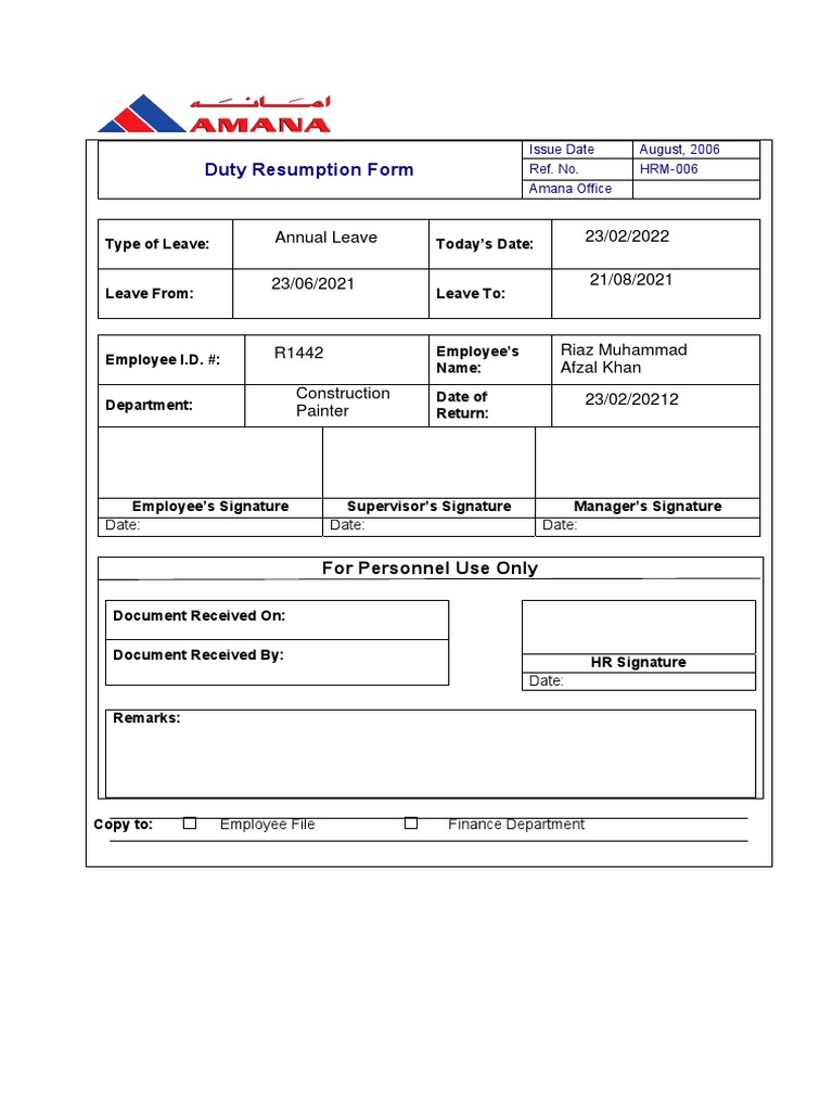 Duty Resumption Form Template | PDF