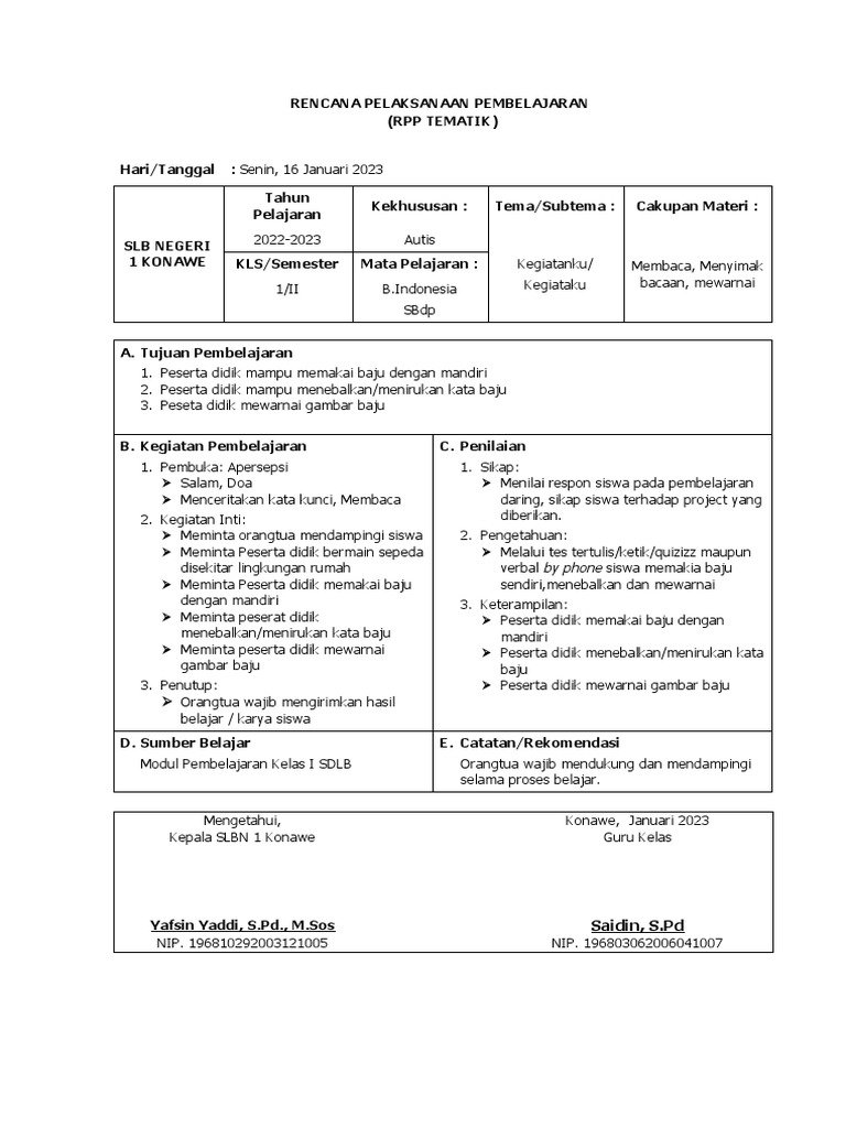 RPP Tematik Pembelajaran Autis SLB 1 | PDF