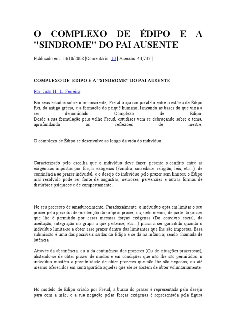 O COMPLEXO DE ÉDIPO E A Sindrome Do Pai Ausente | PDF | Édipo | Família