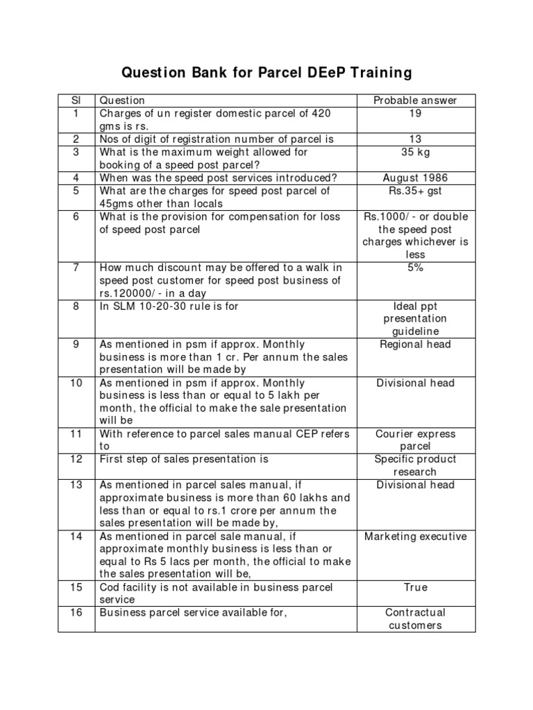 Question Bank For Parcel DEeP Training1 PDF Mail United States