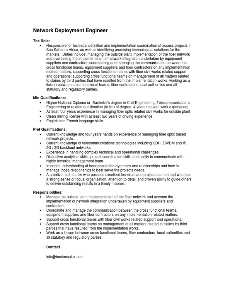 JD Network Deployment Engineer PDF Optical Fiber Experience
