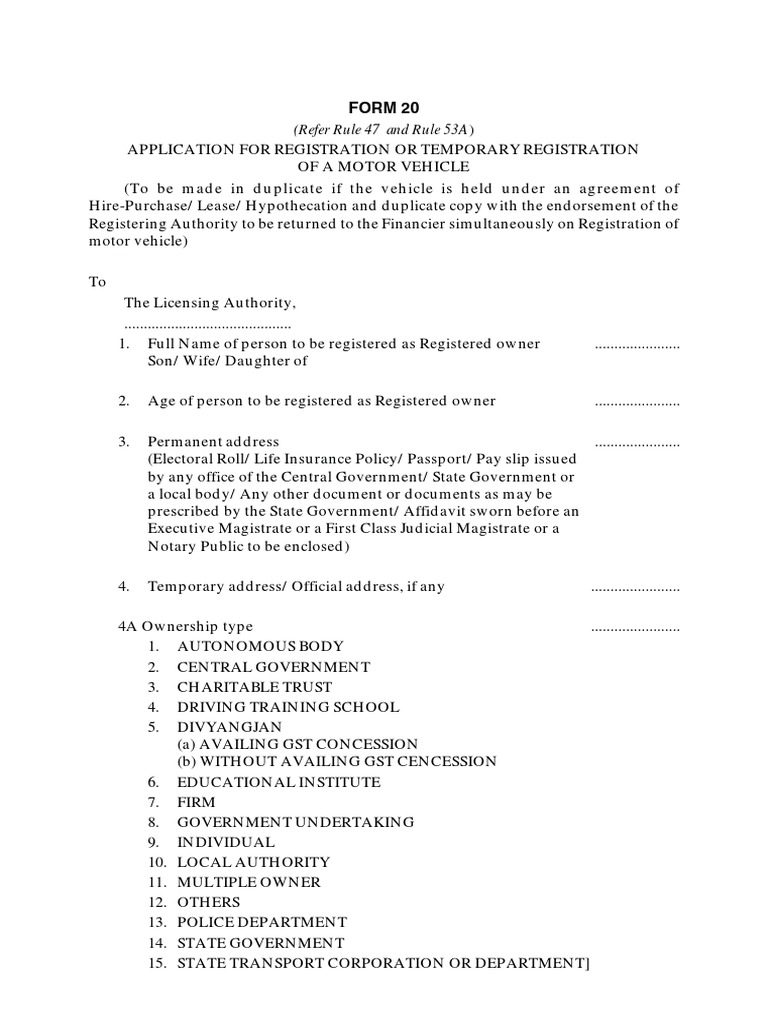 Form 20: Vehicle Registration Application | PDF | Semi Trailer Truck ...