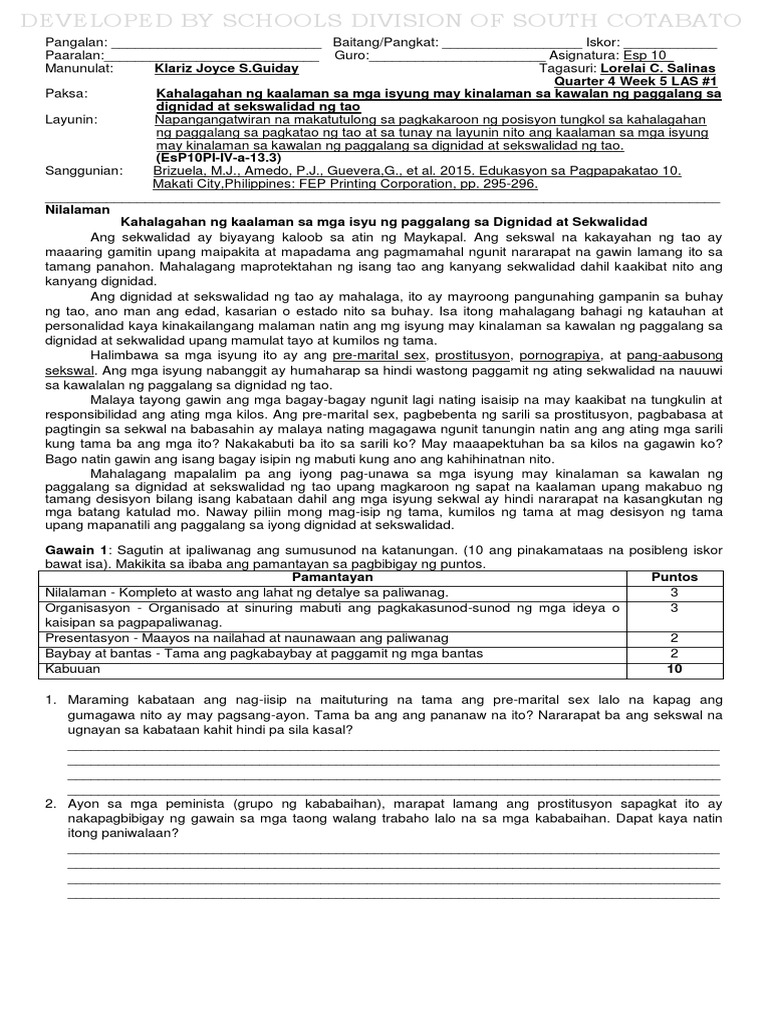 Esp 10 Quarter 4 Week 5 Las 1 | PDF