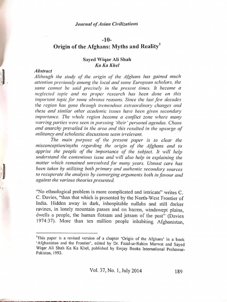 Origin of The Afghans Myths and Reality PDF