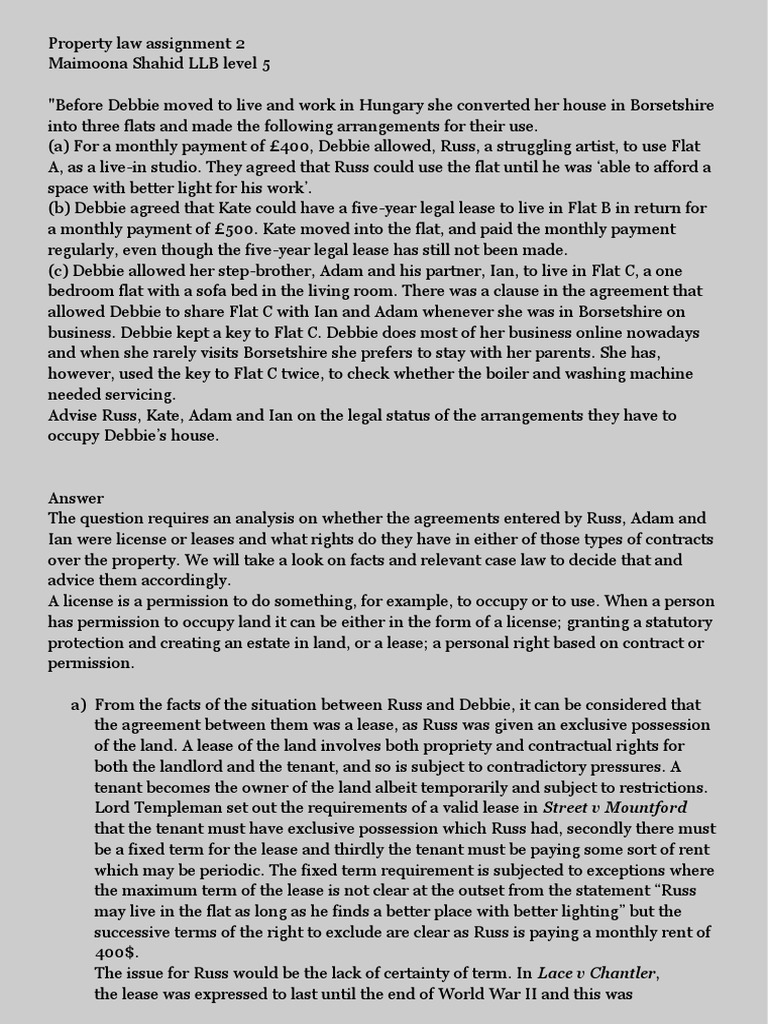 Property Law Assignment 2 PDF Lease Leasehold Estate