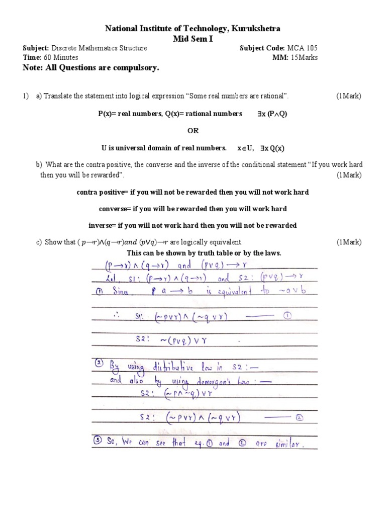 Discrete Mathematics Mid Sem Exam MCA 105 | PDF | Applied Mathematics ...