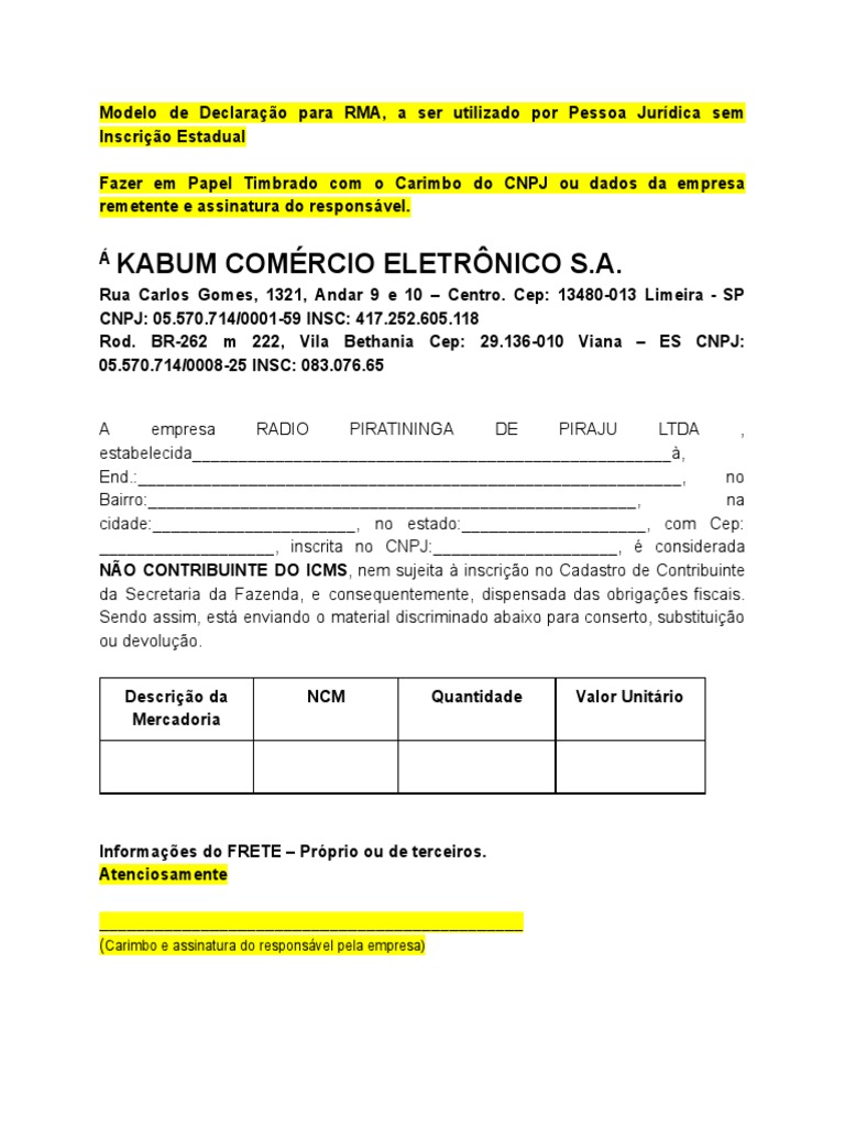 Modelo Declaracao N o Contribuinte ICMS SP ES PDF
