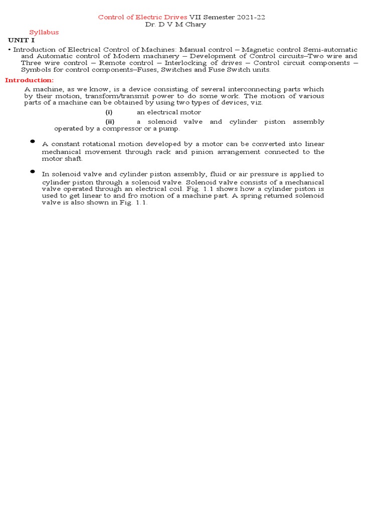 Unit 1 Control of Electric Drives PDF Fuse (Electrical) Electric