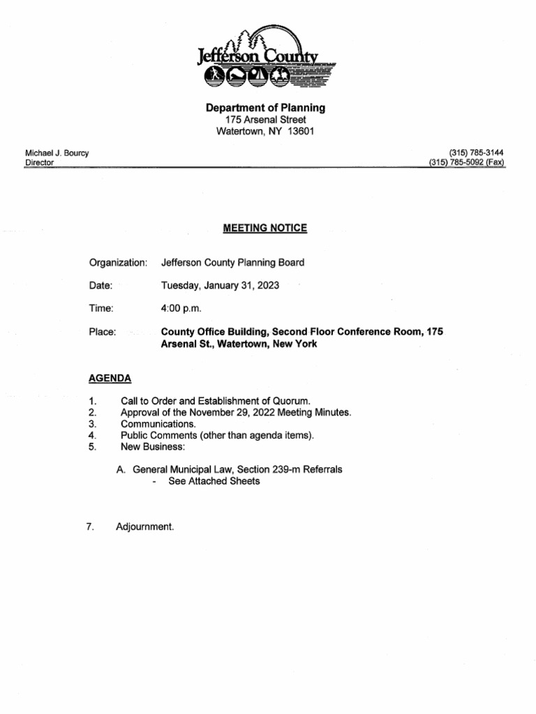 Jefferson County Planning Board Agenda Jan. 31, 2023 PDF