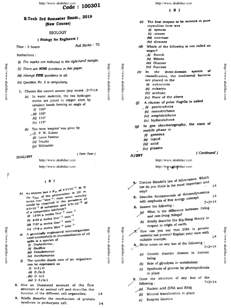 Btech Ce Me 3 Sem Biology Biology For Engineers 100301 2019 | PDF