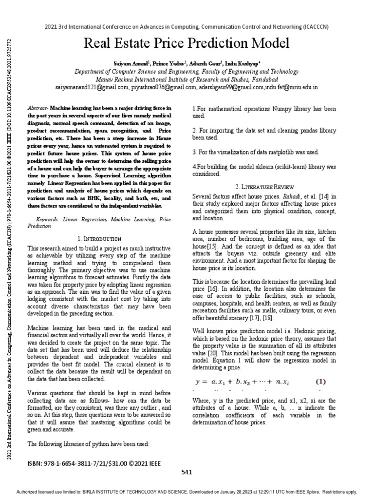 Real Estate Price Prediction Model PDF Machine Learning