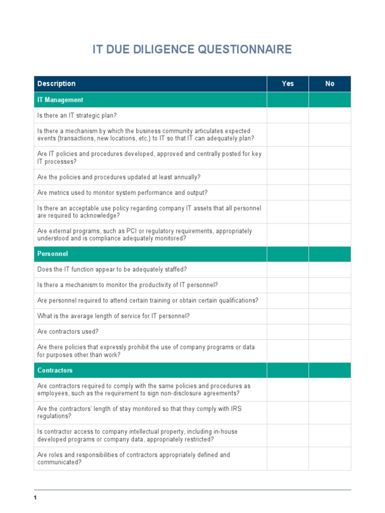 IT Due Diligence Questionnaire PDF Databases Computer Network