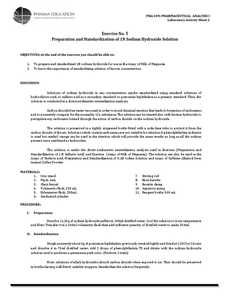 LAS 5 Preparation and Standardization of 1N Sodium Hydroxide Solution 2 ...