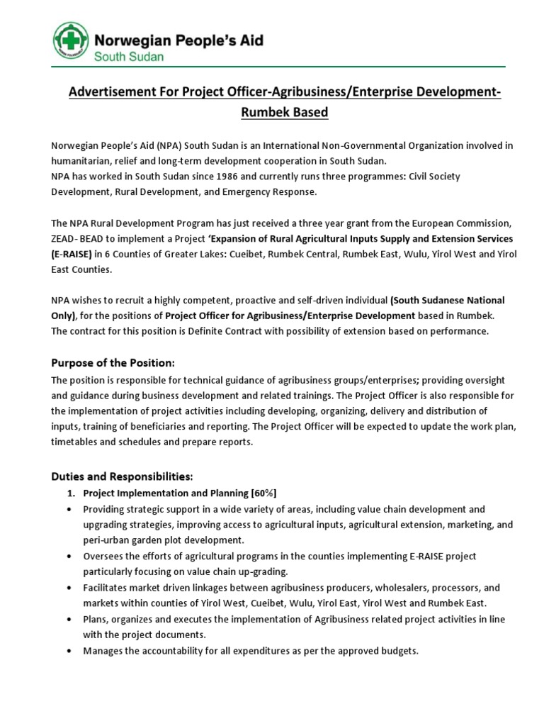 Project Officer Agribusiness Job Rumbek | PDF | Monitoring And ...
