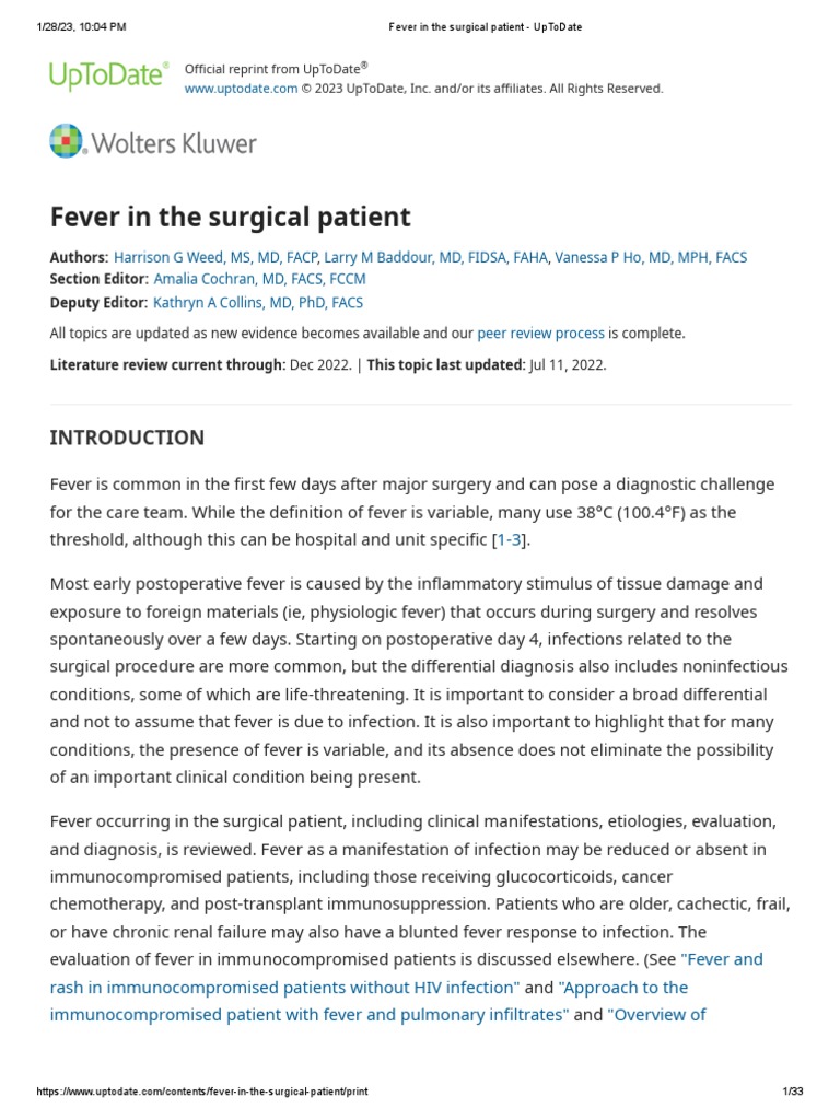Fever in The Surgical Patient UpToDate PDF Infection Surgery