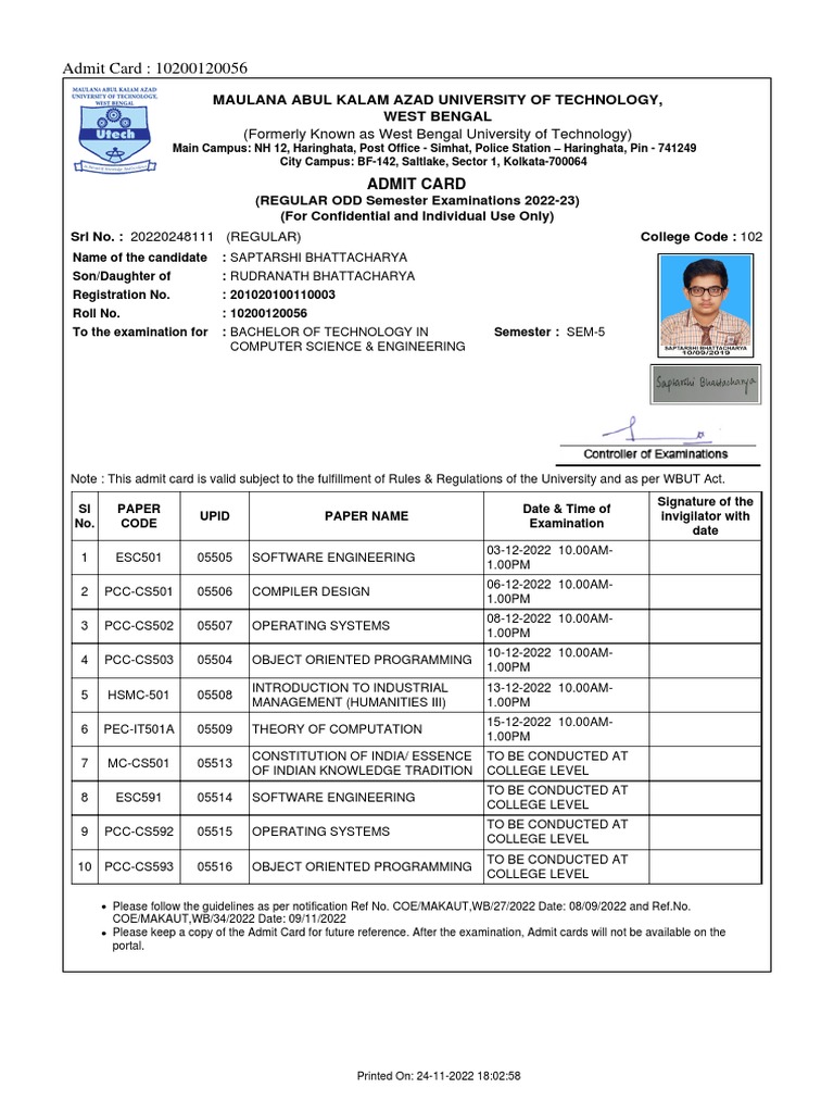 Admit card 5th sem pdf computing